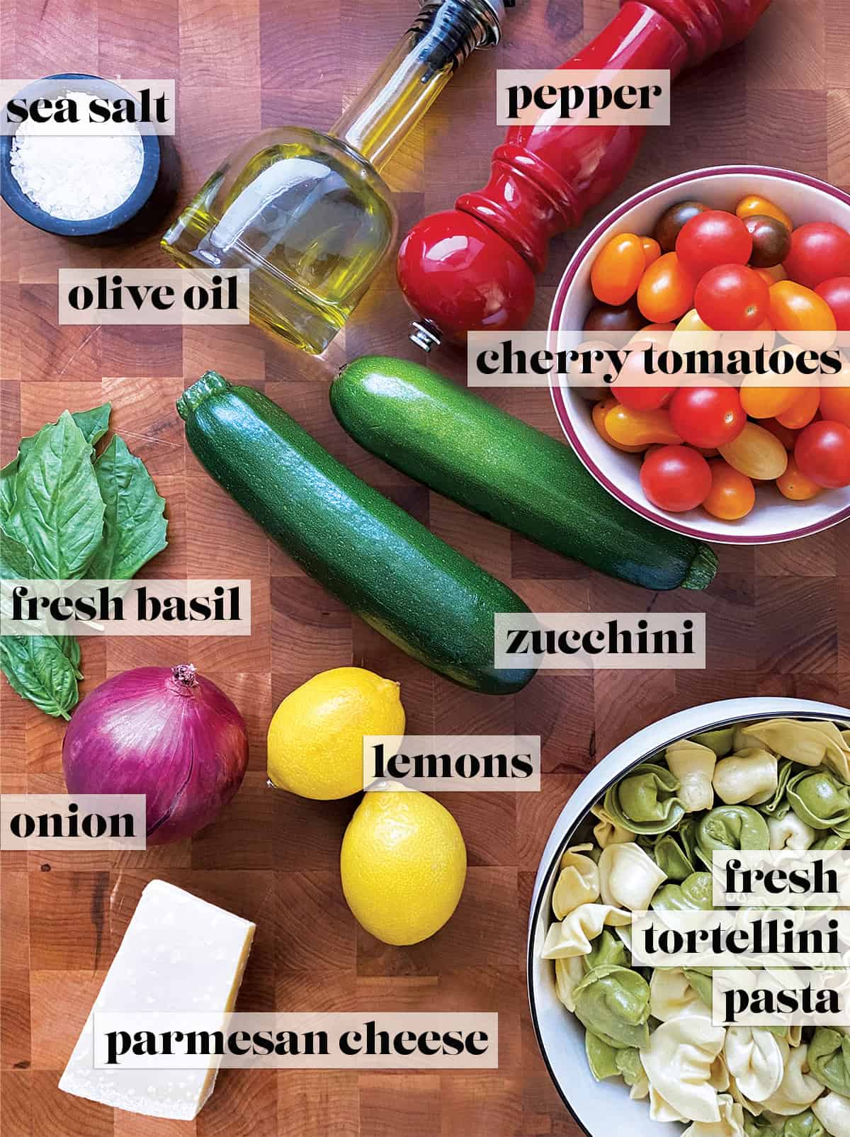 Ingredients for a tortellini pasta salad.