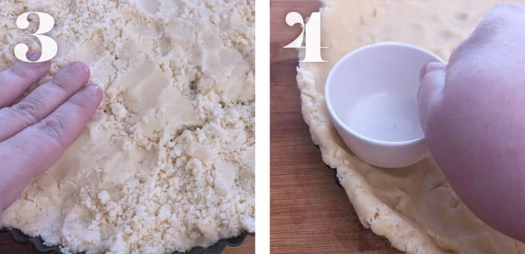 Image 3. Pressing down dough on a tart pan before baking.
Image 4. Pressing down dough on a tart pan using a fat surface measuring cup.