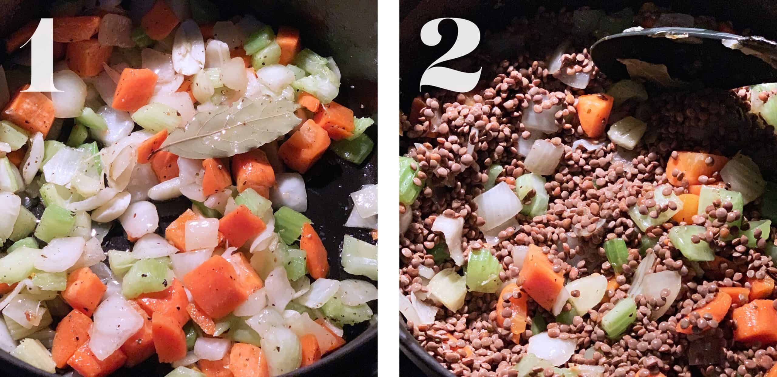 Left diced onion, celery and carrot and a bay leaf in pot.Left, diced onion, celery and carrot and lentils in a pot.