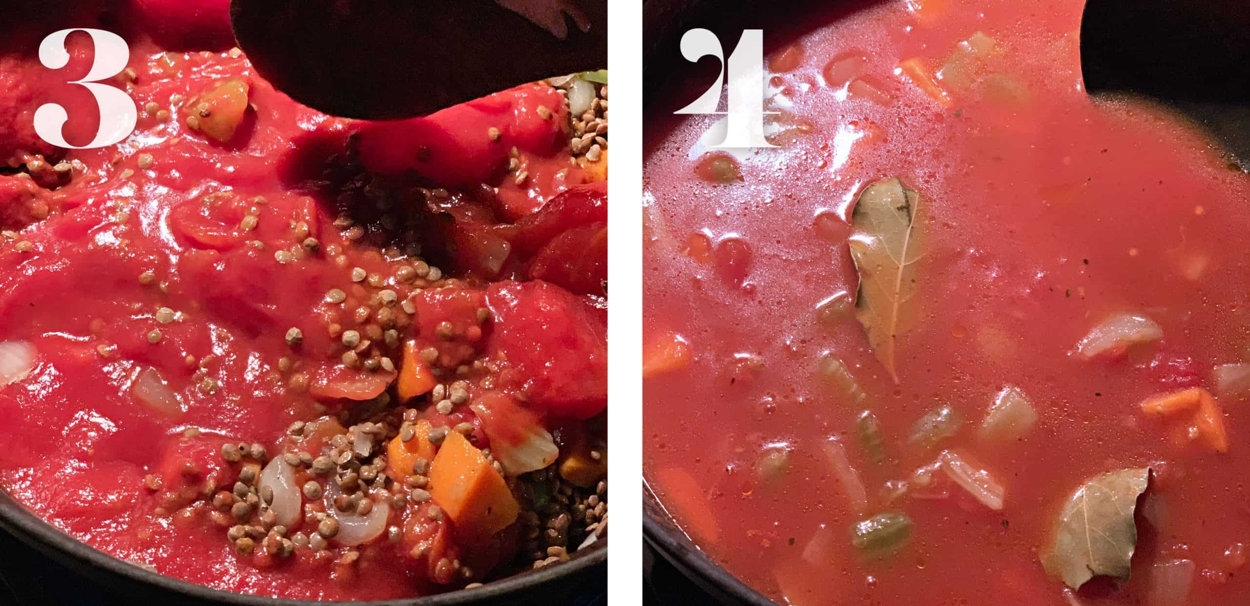 Left tomatoes and lentils in a pot. Tomato stock and a bay leaf.