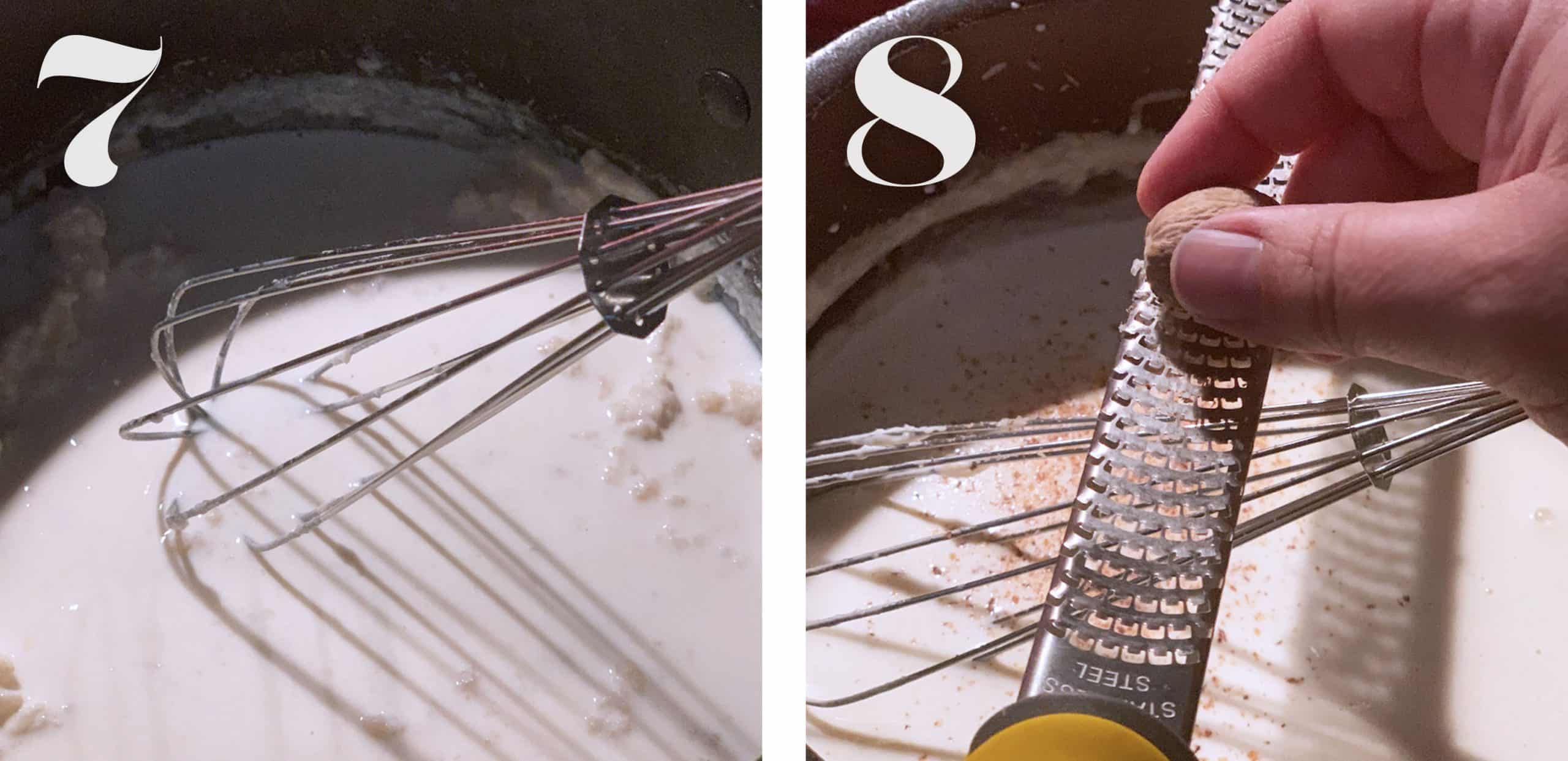 Image 7. Stirring milk while baking béchamel sauce.  Image 8.Adding nutmeg in bechamel sauce.