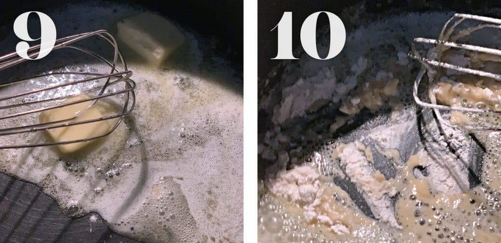 Image 9. 2 pieces of butter being melted in a sauce and a whisk.
Image 10. Added flour to melted butter in a sauce pan and a whisk.