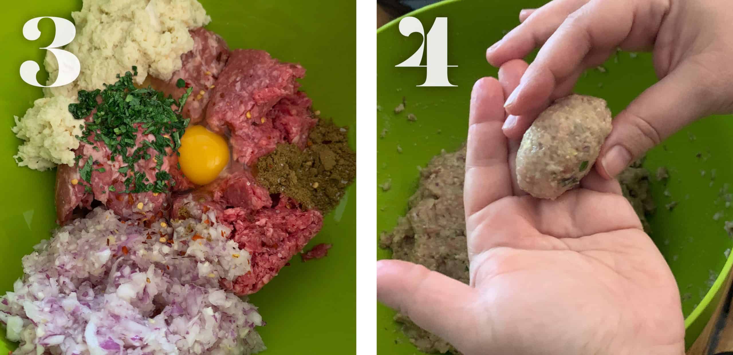 Image 3. Ingredients for cumin meatballs in a large green bowl. Image 4 2 hands forming a meatball over a green bowl.