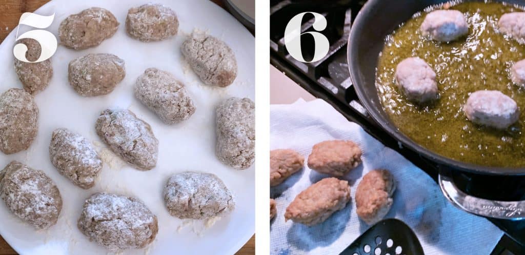 Image 5.Formed raw meatballs on a white plate. Image 6. Meatballs frying in a pan, on the counter a paper towel covered plate with cooked meatballs.