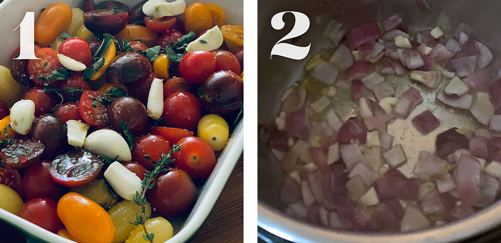 Left, tomatoes, herbs and garlic in a pan. Right, chopped onion in a pot.