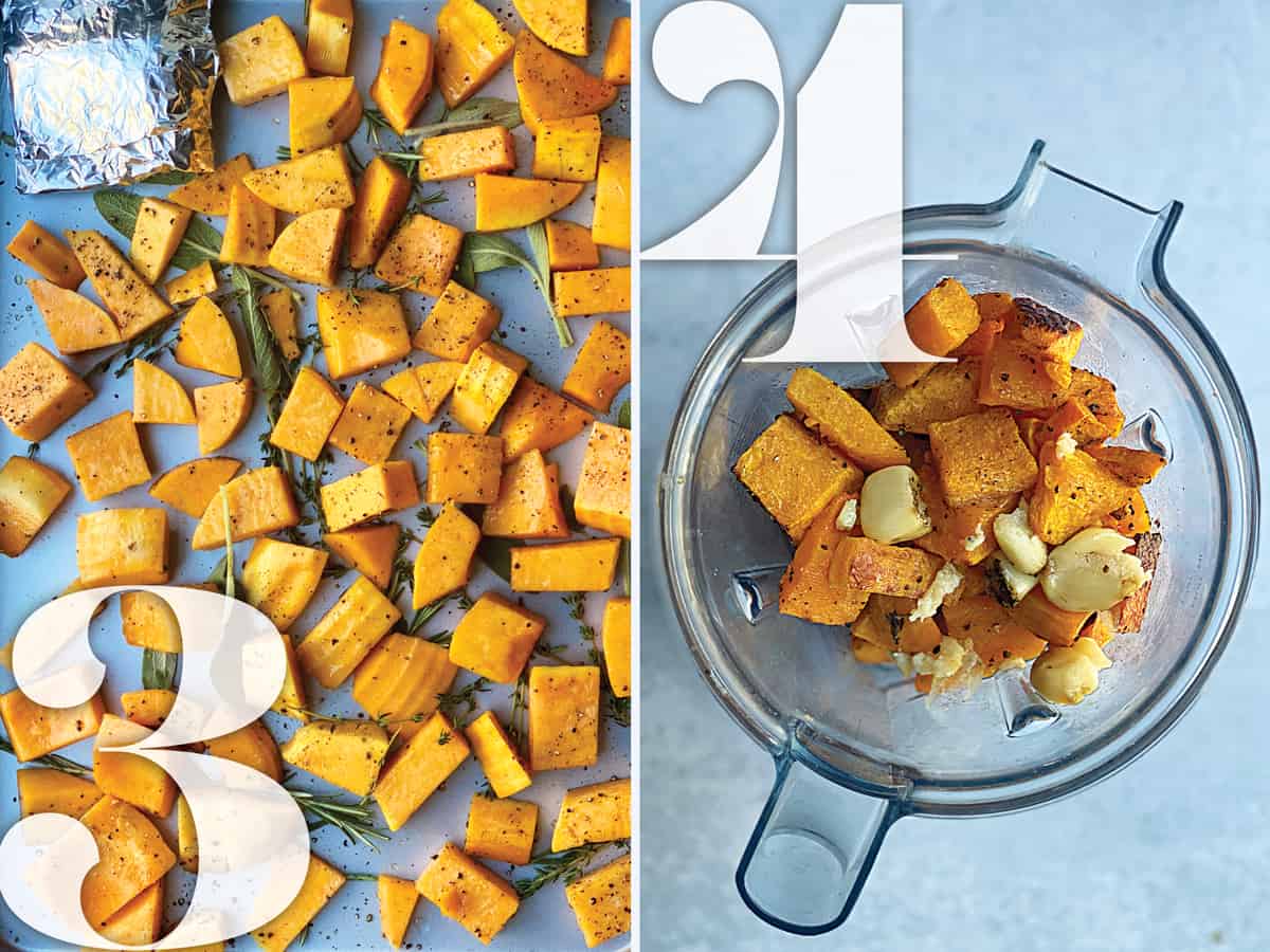Left image: Butternut squash cubes on a baking sheet with herbs. Right image: Butternut squash cubes and garlic in a blender.