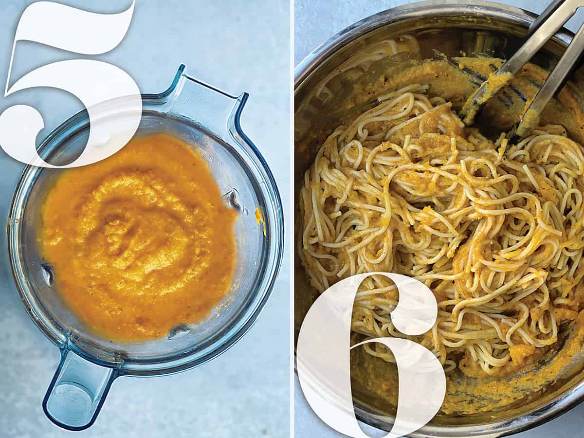 Left image: Butternut squash puree in a blender. Right image: Butternut squash sauce mixed with spaghetti.