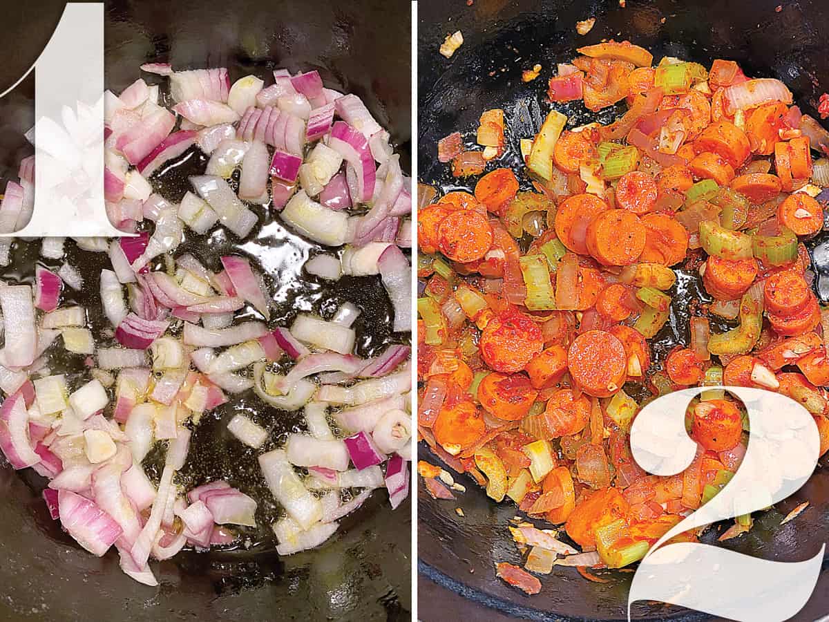 Left image: Onions and garlic sautéing. Right image: Carrots celery and onions in a pot cooking.