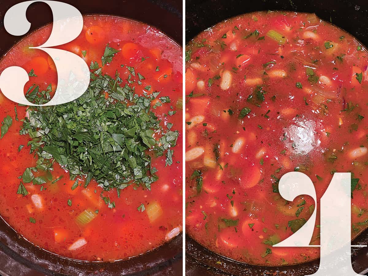 Left image: Carrots, celery,onions , beans and tomato sauce with basil in a pot cooking. Right image: Bean soup in a pot.