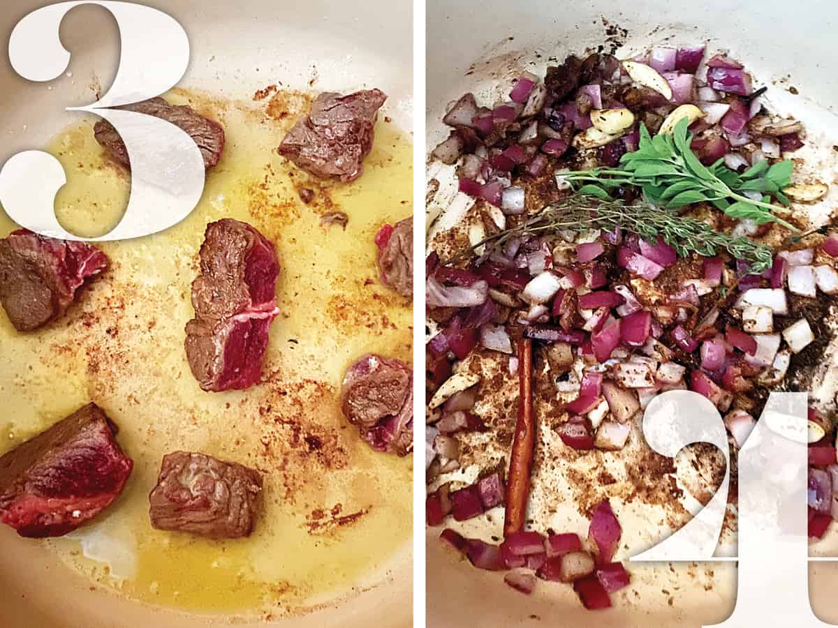 Image 1. Pieces of stew meat being browned in a pot.
Image 2. Diced onions and aromatics sautéing in a pot.