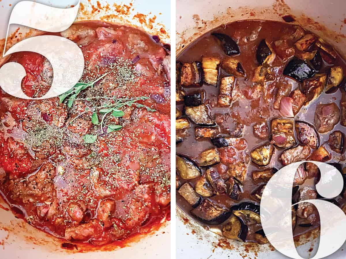Image 1. Beef stew and fresh herbs cooking.
Image 2. Eggplant and beef stew cooking.