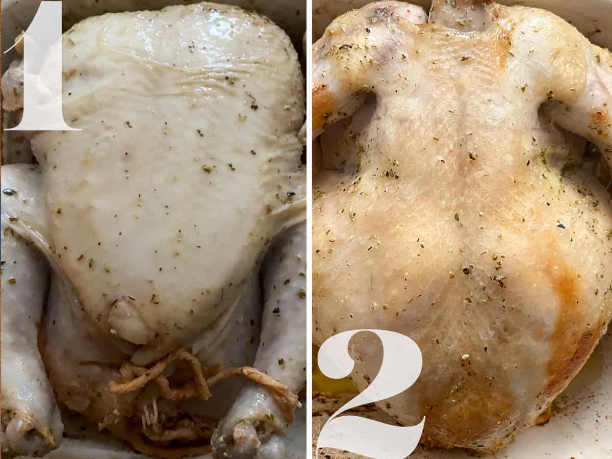 Two sides of a whole chicken on a baking dish.