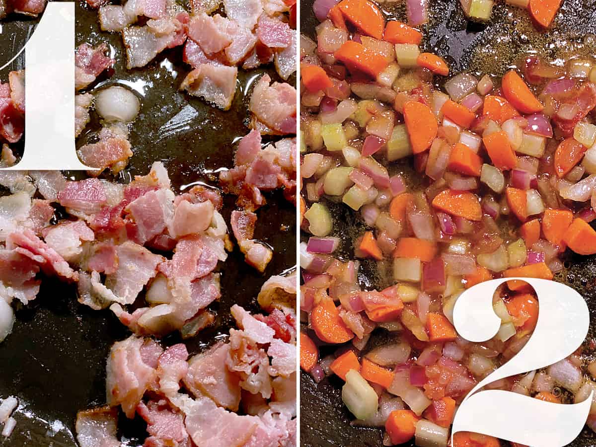 Left, Bacon cooking. Right, carrots, onions and celery sautéing in a pan.