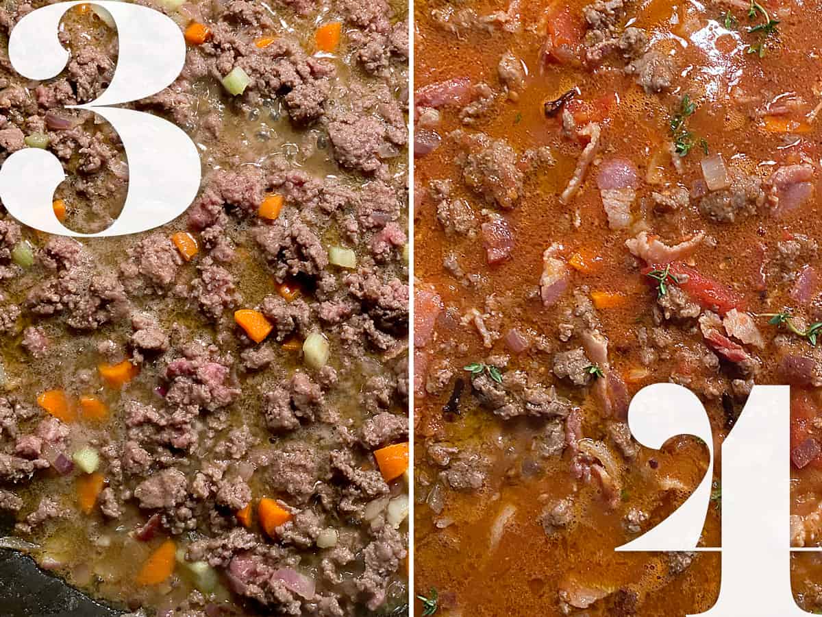 Left , ground beef browning with diced vegetables. Right, tomato sauce and ground beef cooking.