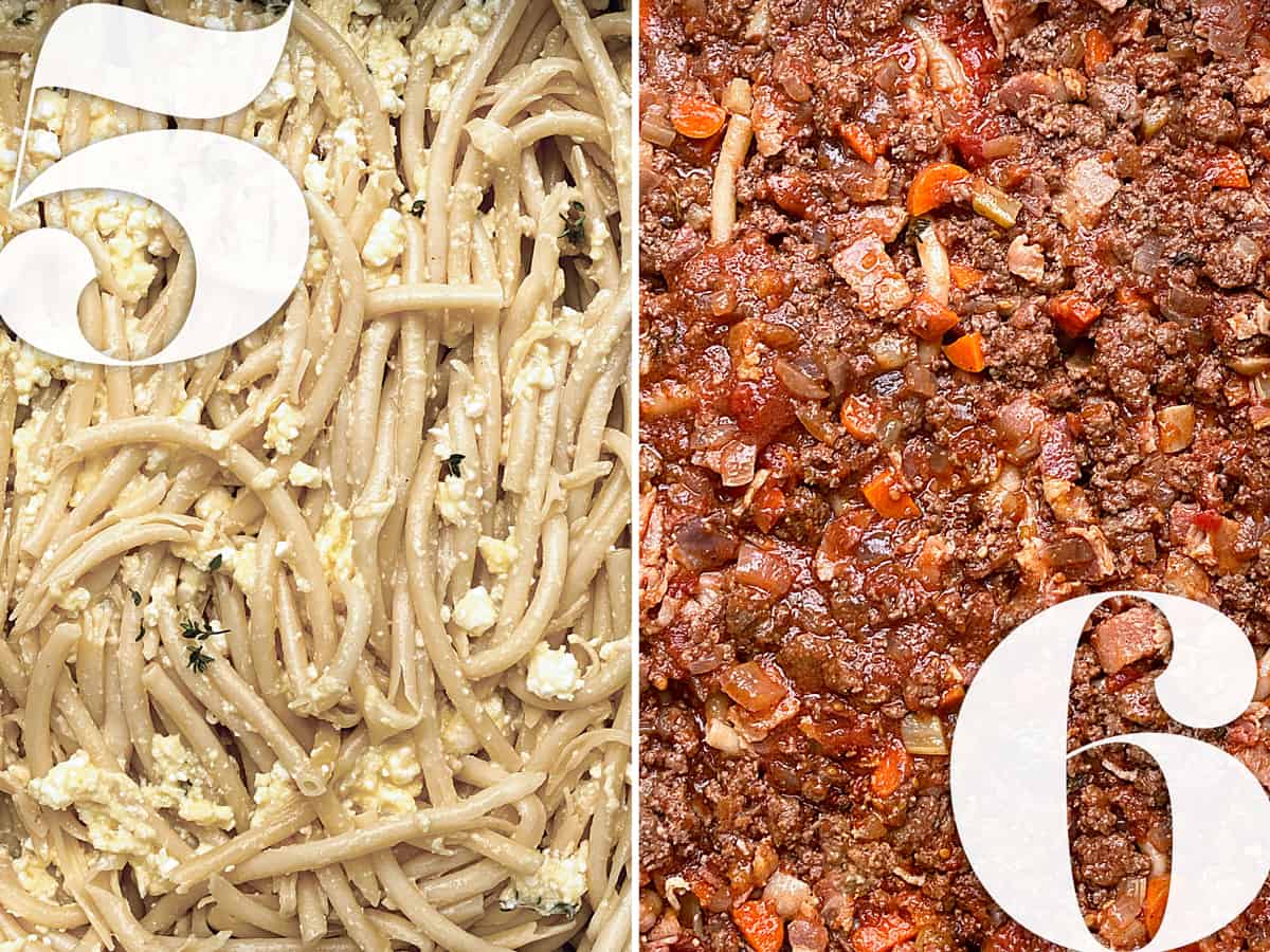 Left, pasta arranged in a baking pan with cheese sauce. Right, beef ragu arranged in a pan.