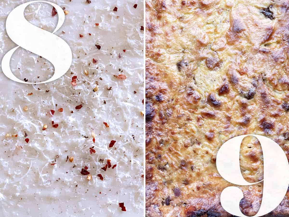 Left uncooked Pastitsio, right cooked Pastitsio with browned top.