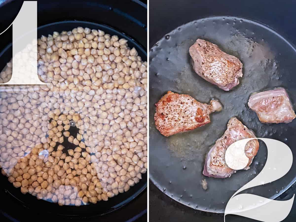 Left image: Chickpeas soaking in water. Right image. Meat pieces browned in olive oil.