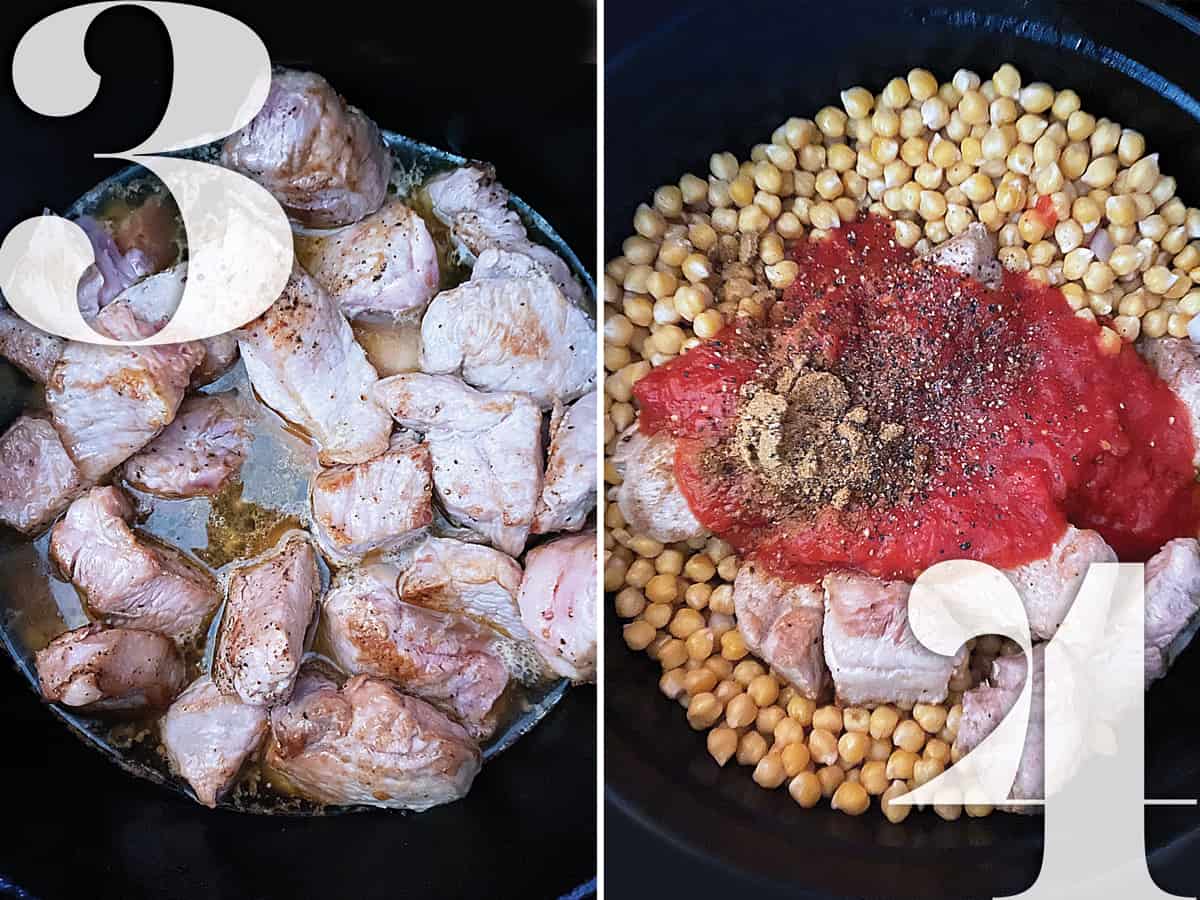 Pork stew meat preparation in a black pot.