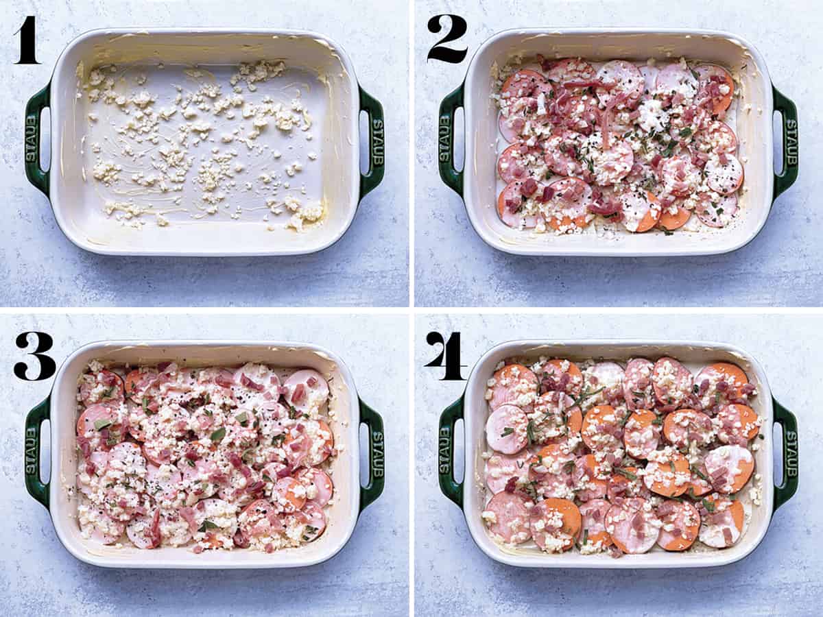 Four images. One, a buttered pan. Two, the pan with a layer potatoes and egg, cheese, herbs, prosciutto mix. Three, similar layer as two. Four, final layer of potatoes, cheese, egg and prosciutto.