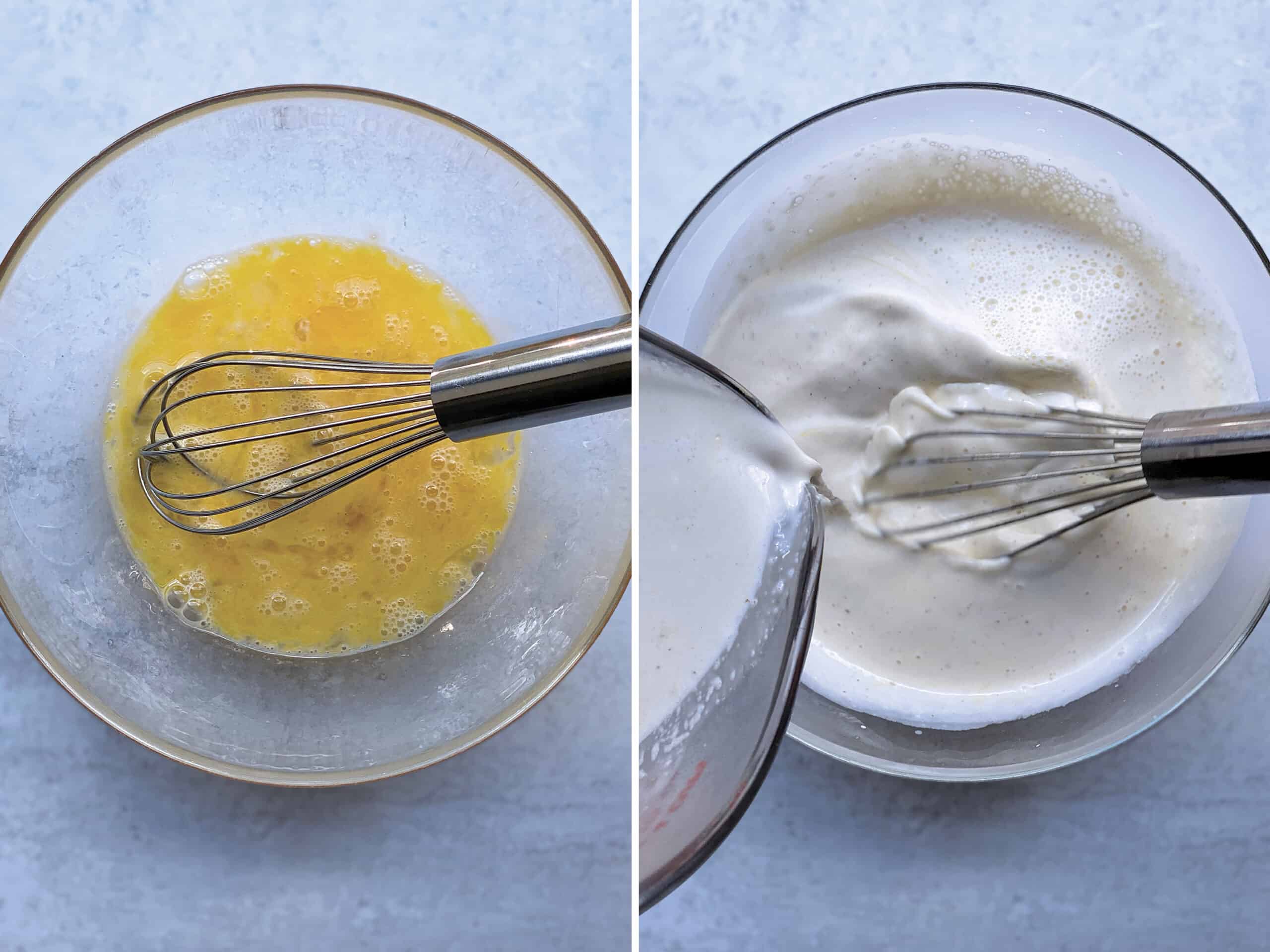 Eggs being beaten and adding cream to them.