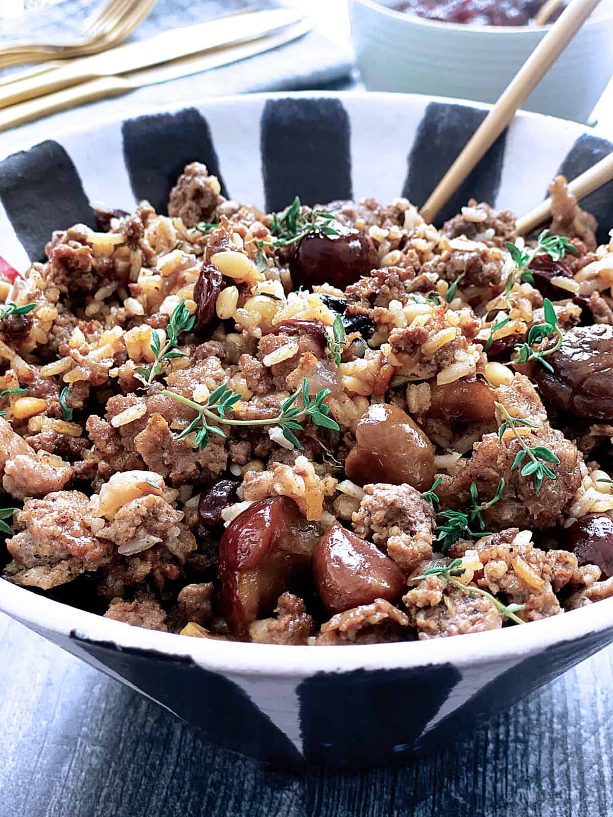 A bowl with turkey stuffing.