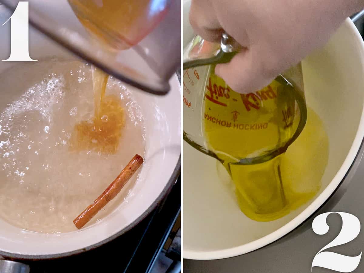 Making syrup and beating ingredients in a mixer to make greek cookies.