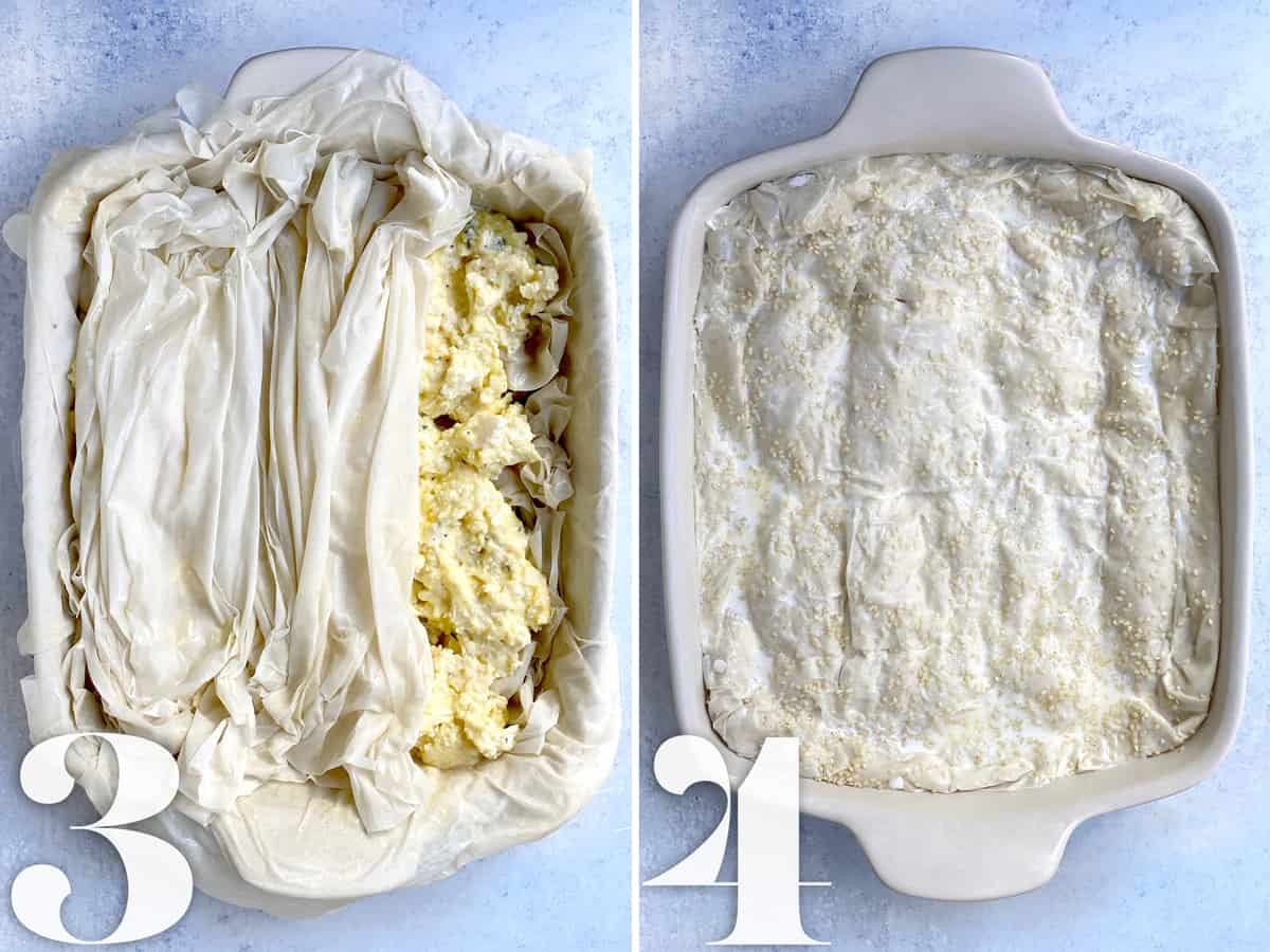 A baking pan being filled with phyllo sheets and cheese pie mixture.