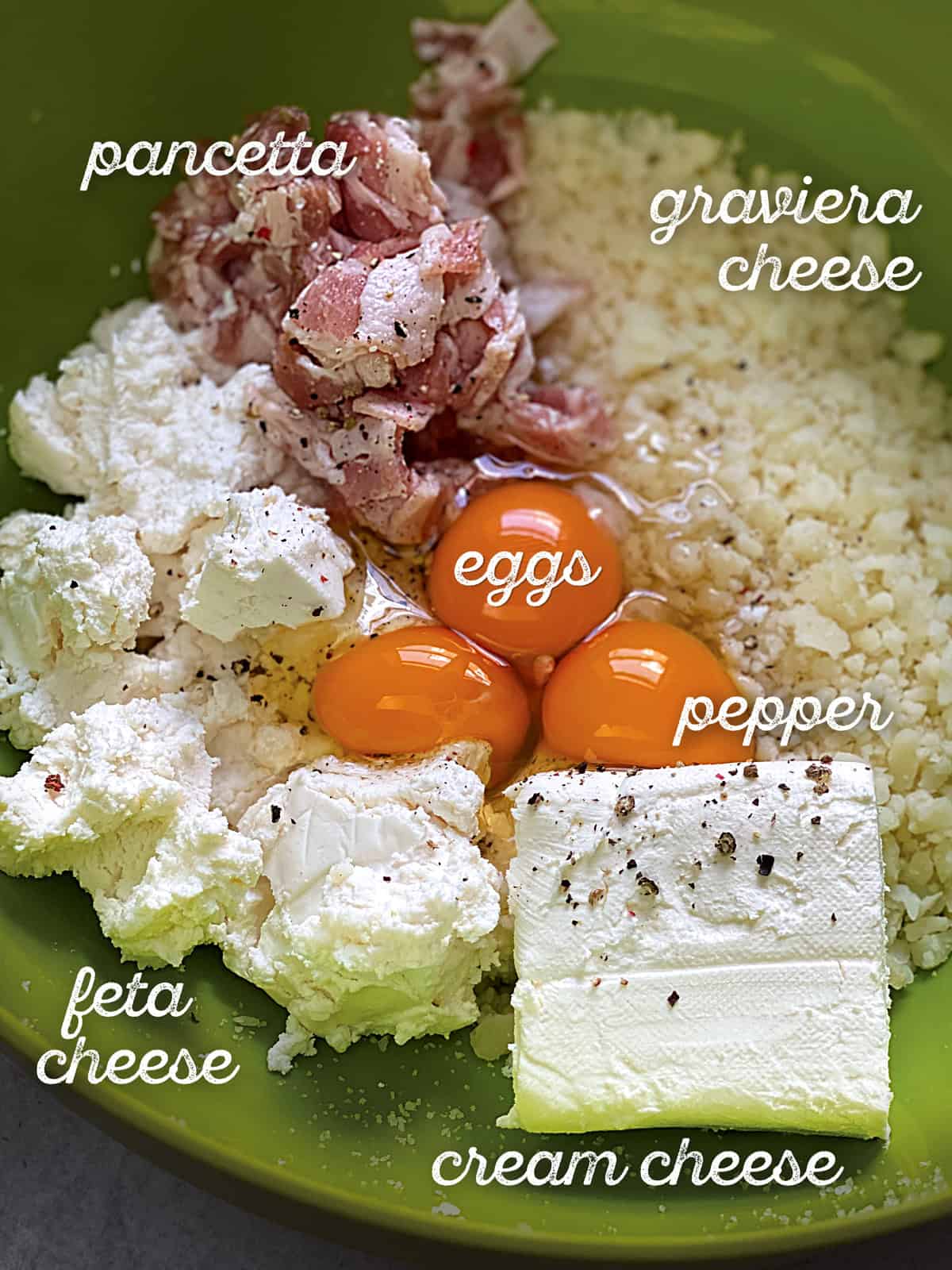 Ingredients for tiropitakia: phyllo, feta, Cretan graviera, cream cheese, pancetta and eggs.
