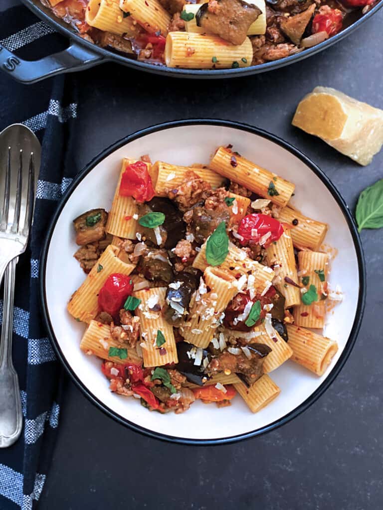 Eggplant pasta with Tomatoes and Sweet Italian Sausage The Greek Foodie