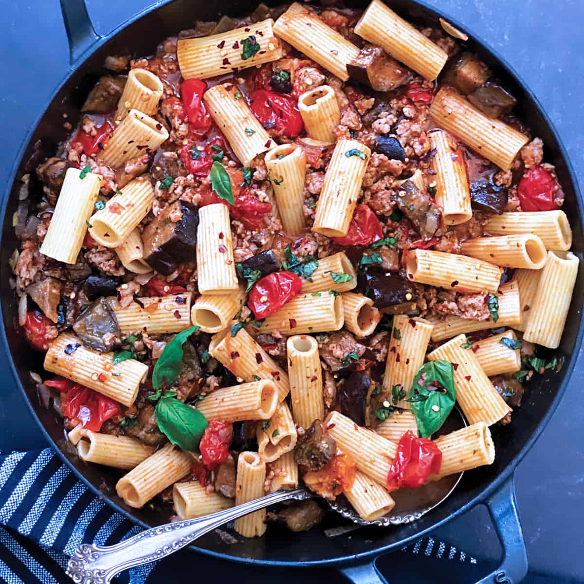 Eggplant pasta with Tomatoes and Sweet Italian Sausage