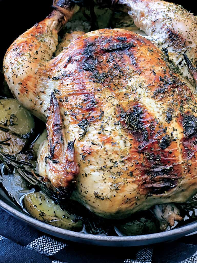 A chicken seasoned with fresh herbs in a black dutch oven.