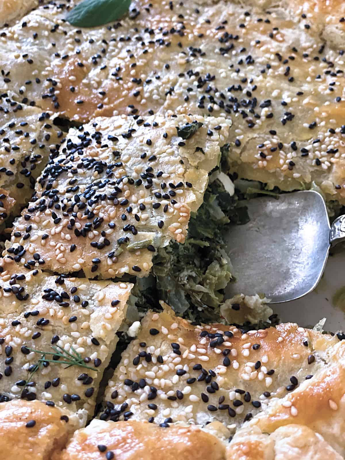 Greek Savory Pie in pieces and a serving stencil.