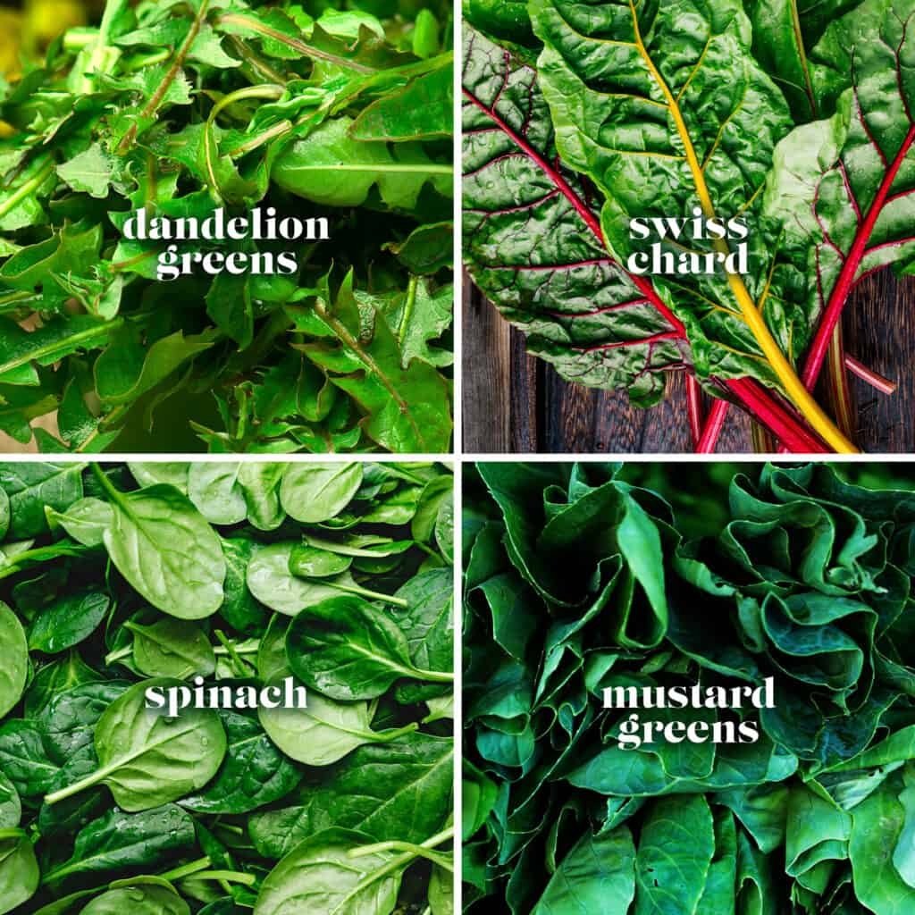 Four images collage. Spinach, Swiss chard, dandelion greens and mustard greens.