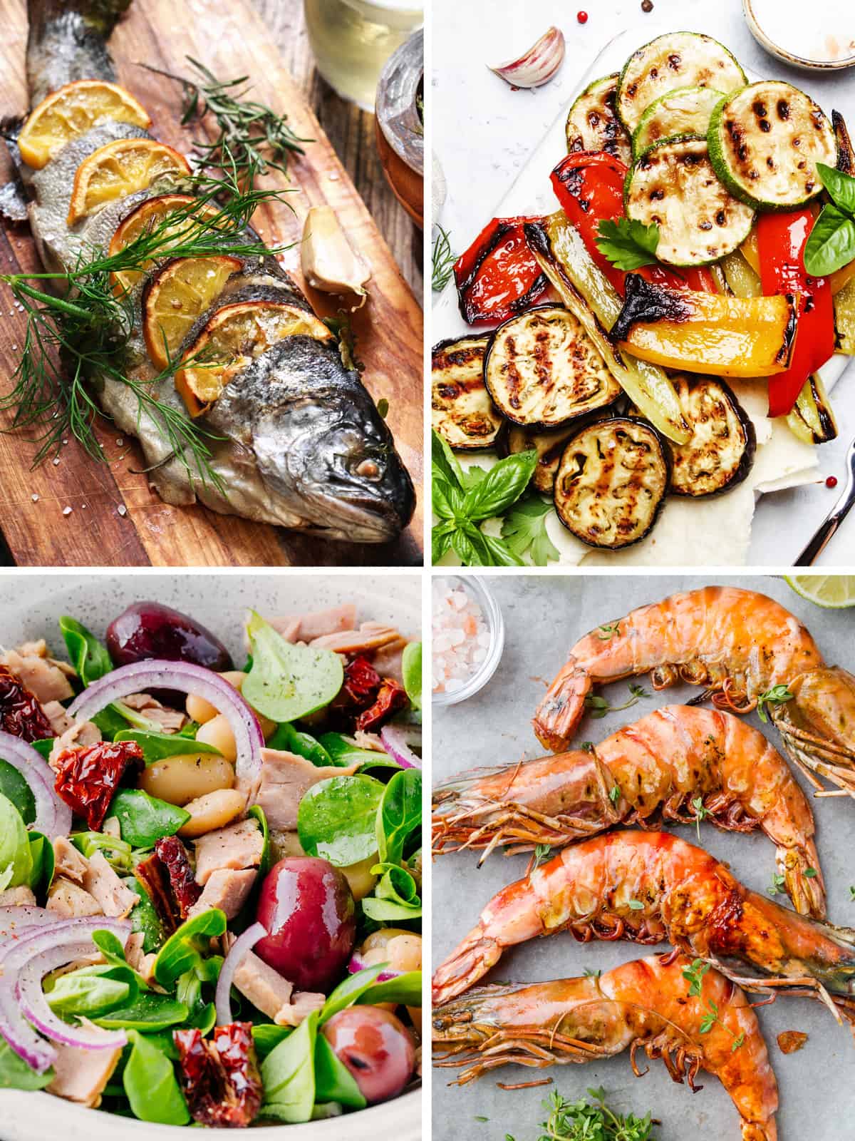 Four images. A whole grilled fish on a wooden board with herbs. Grilled vegetables on a white plate. A bean salad with tuna and olives. Three big grilled shrimp and a bowl with salt.