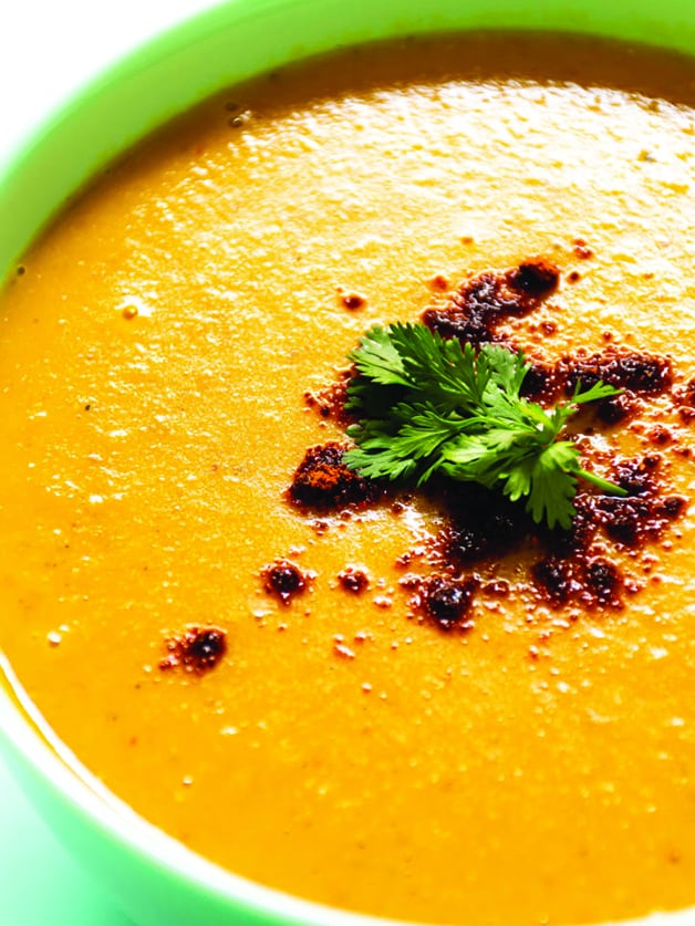 A bowl with middle eastern lentil soup.