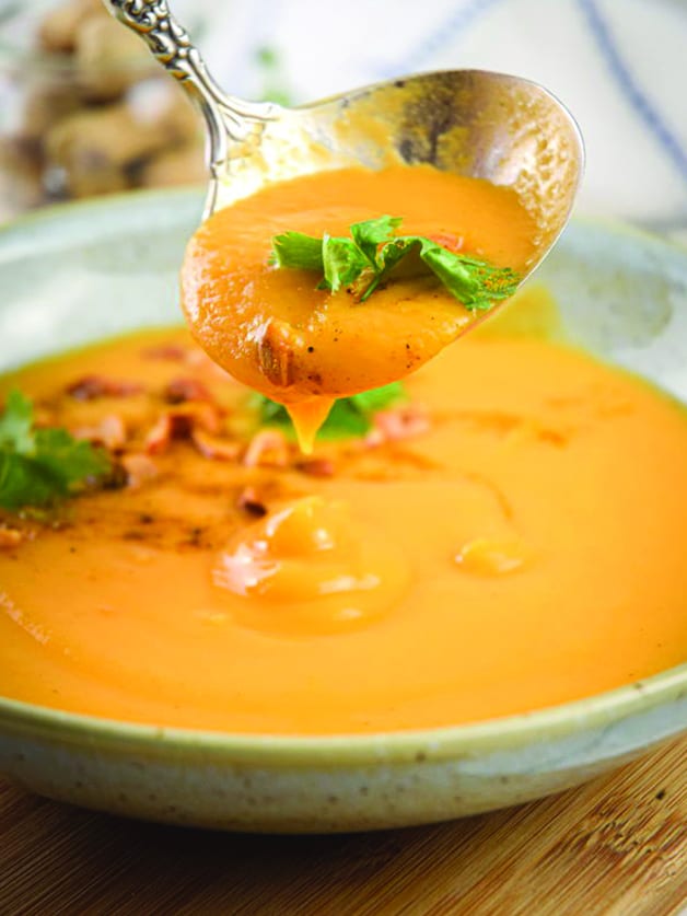 A bowl with peanut butter soup.