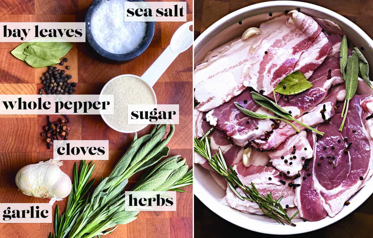 Left, herbs and spices for gyros brine. Right, cutlets in a water brine with herbs and spices.