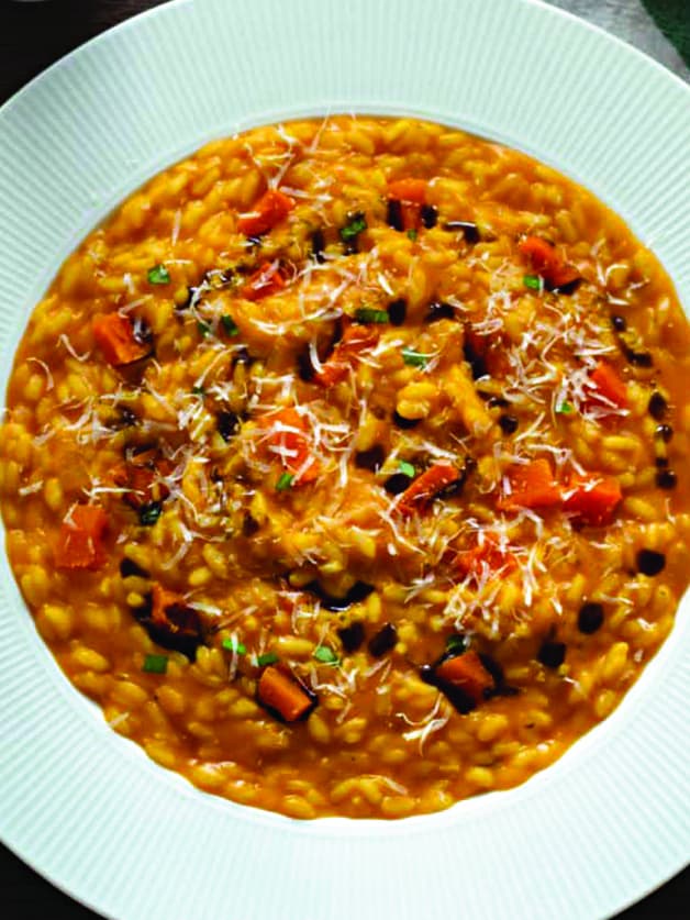 A pumpkin risotto in a plate.