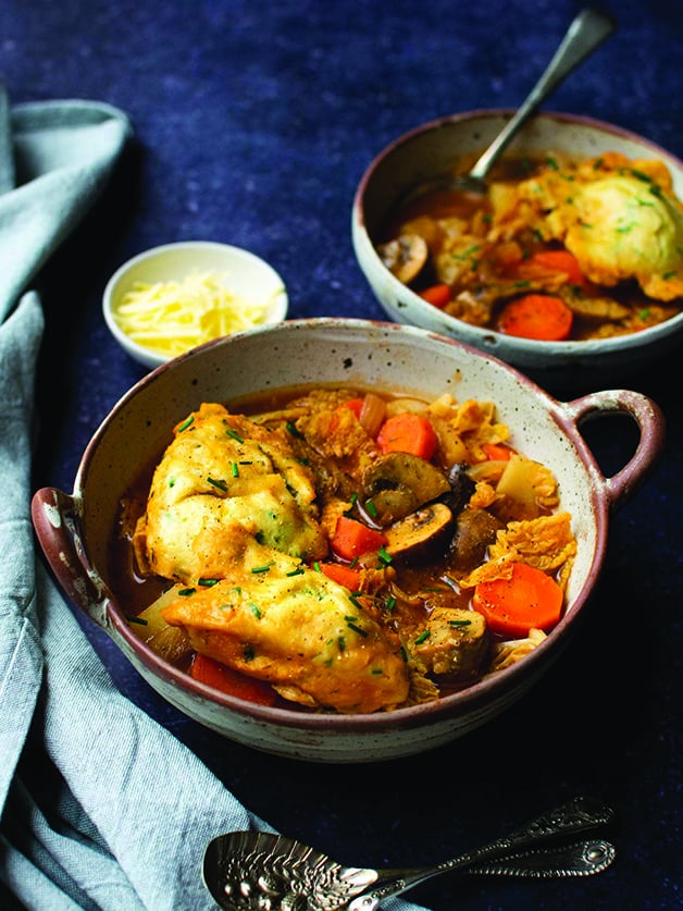 Two plates with dumplings stew.