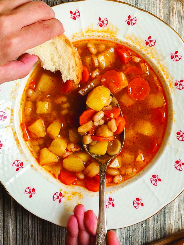 A bowl with vegetarian goulash.