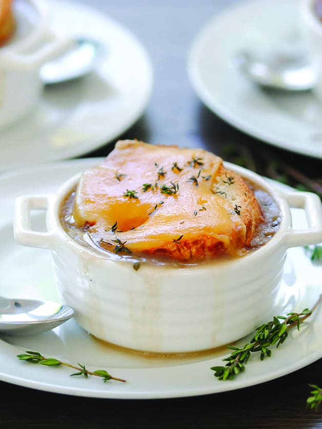 A bowl with onion soup.