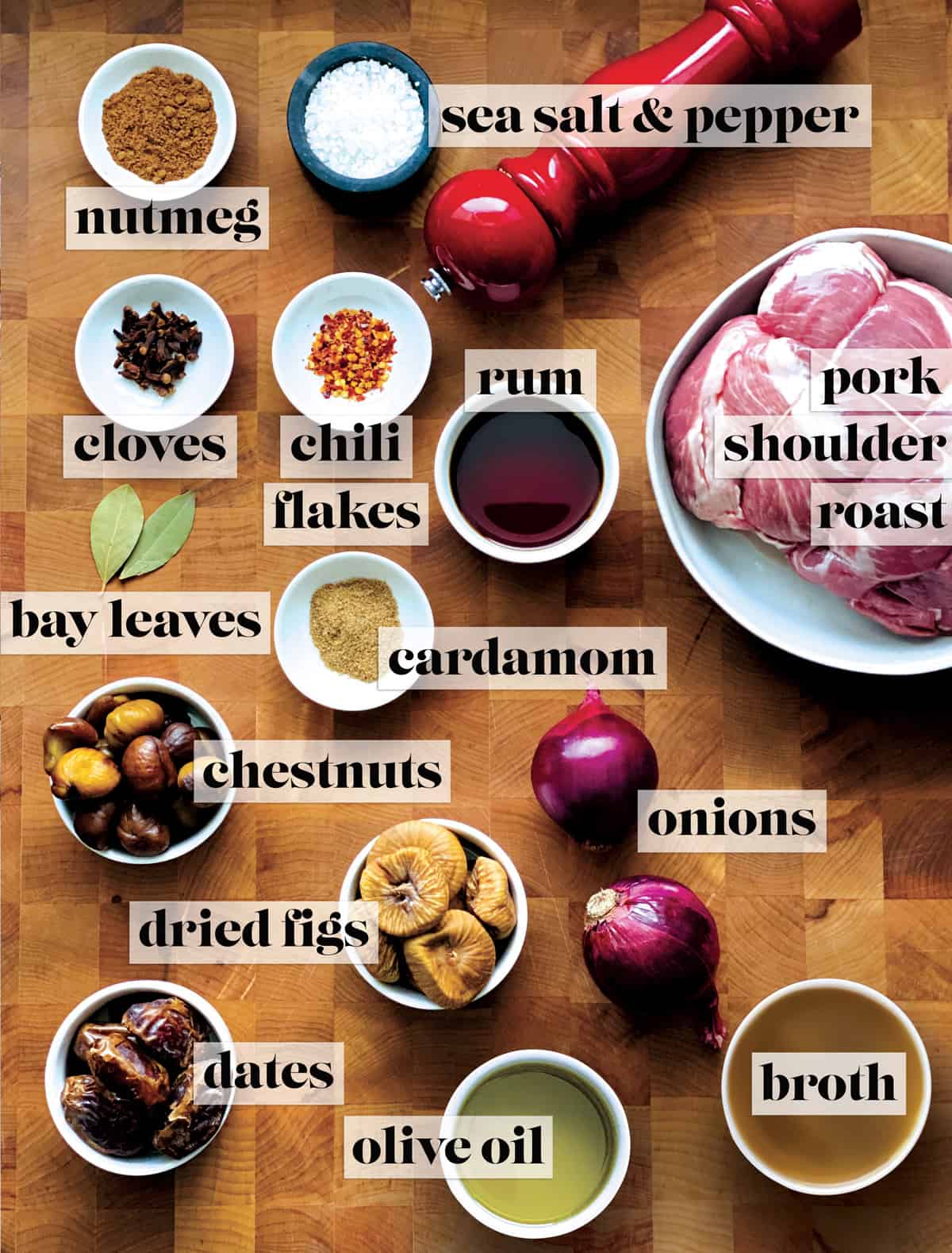 Ingredients for a holiday roast on a butcher block.