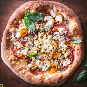 Overhead feta pizza with golden crumbled feta, red tomatoes, yellow cherry tomatoes and fresh basil on a wooden board
