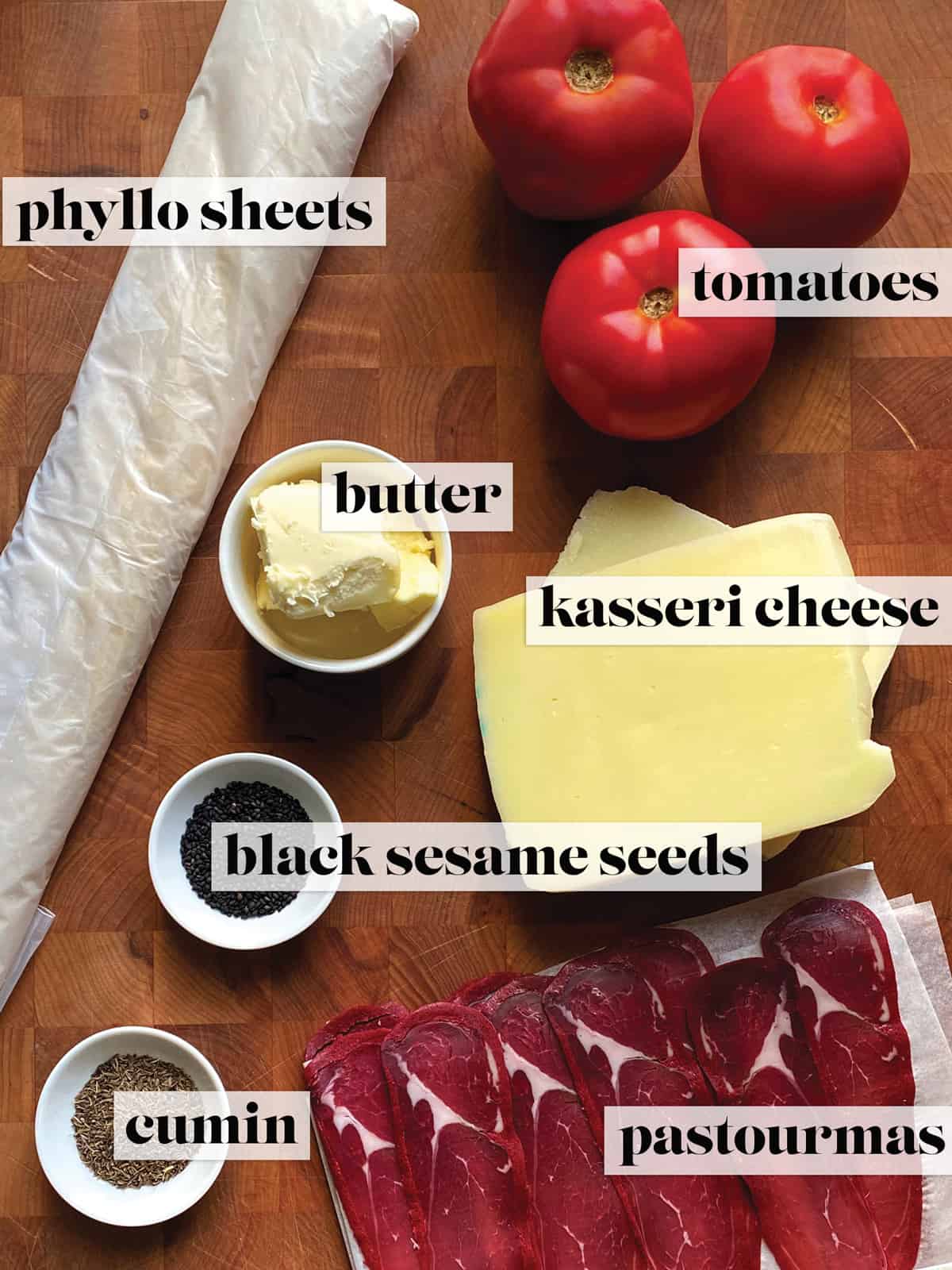 Ingredients for making Kasseri cheese pie.