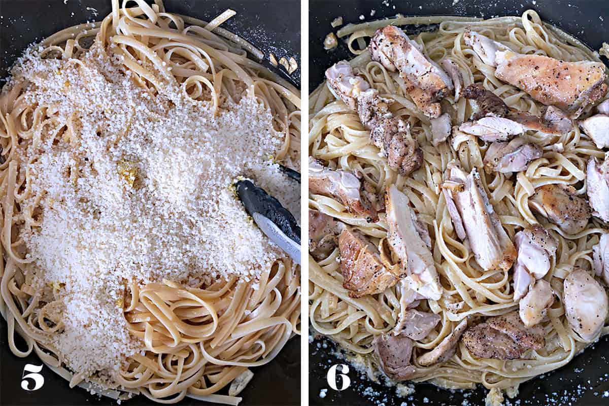 Two last steps for making lemon chicken pasta.