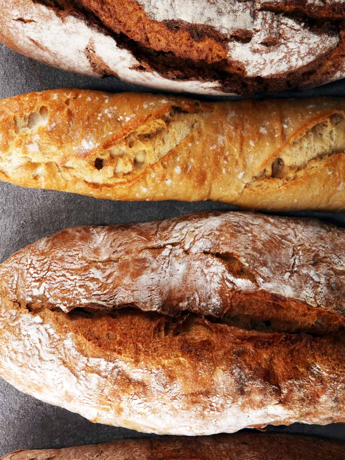 Close up of loaves of bread on a table.