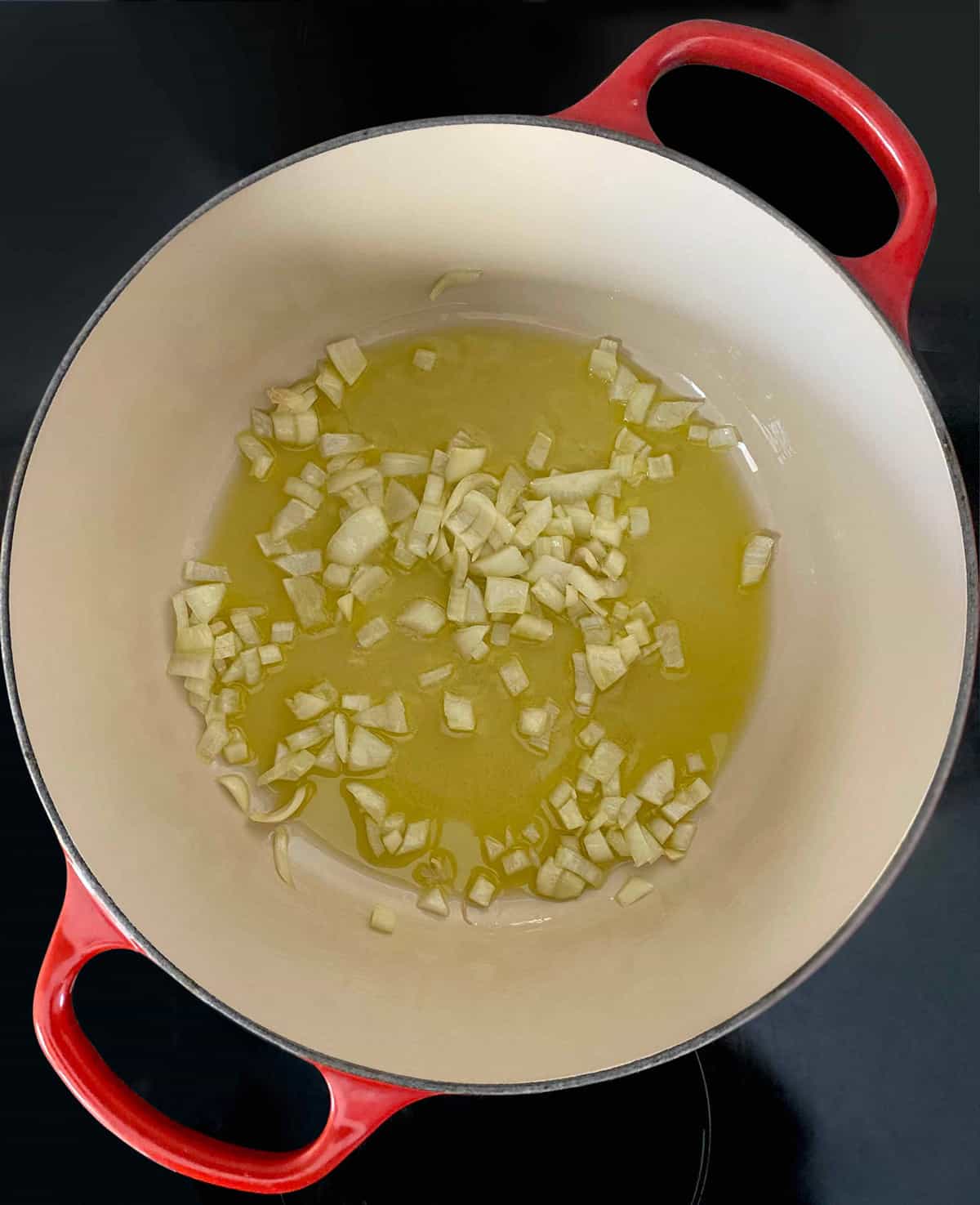 Diced onion, garlic and olive oil in a stockpot. 