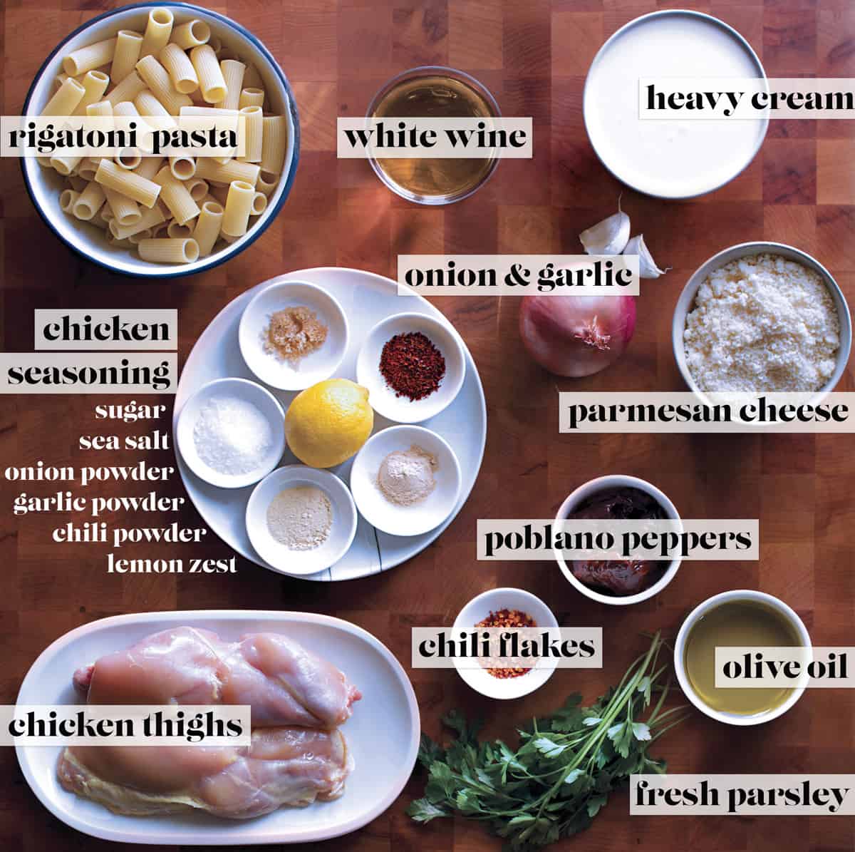 All the ingredients for making spicy chicken chipotle pasta.
