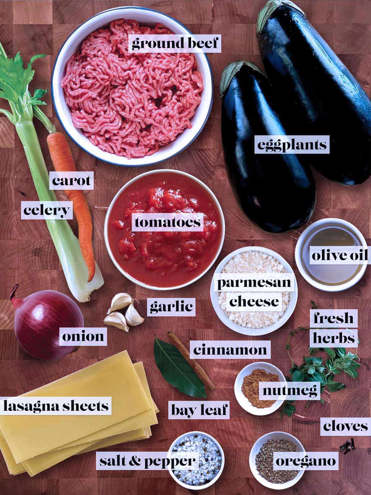 All the ingredients to make eggplant lasagna. Ingredients for béchamel are not shown.