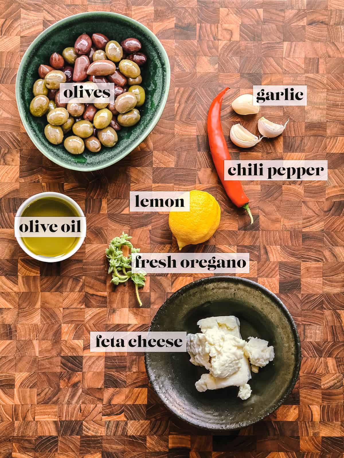 Ingredients to make marinated olives.